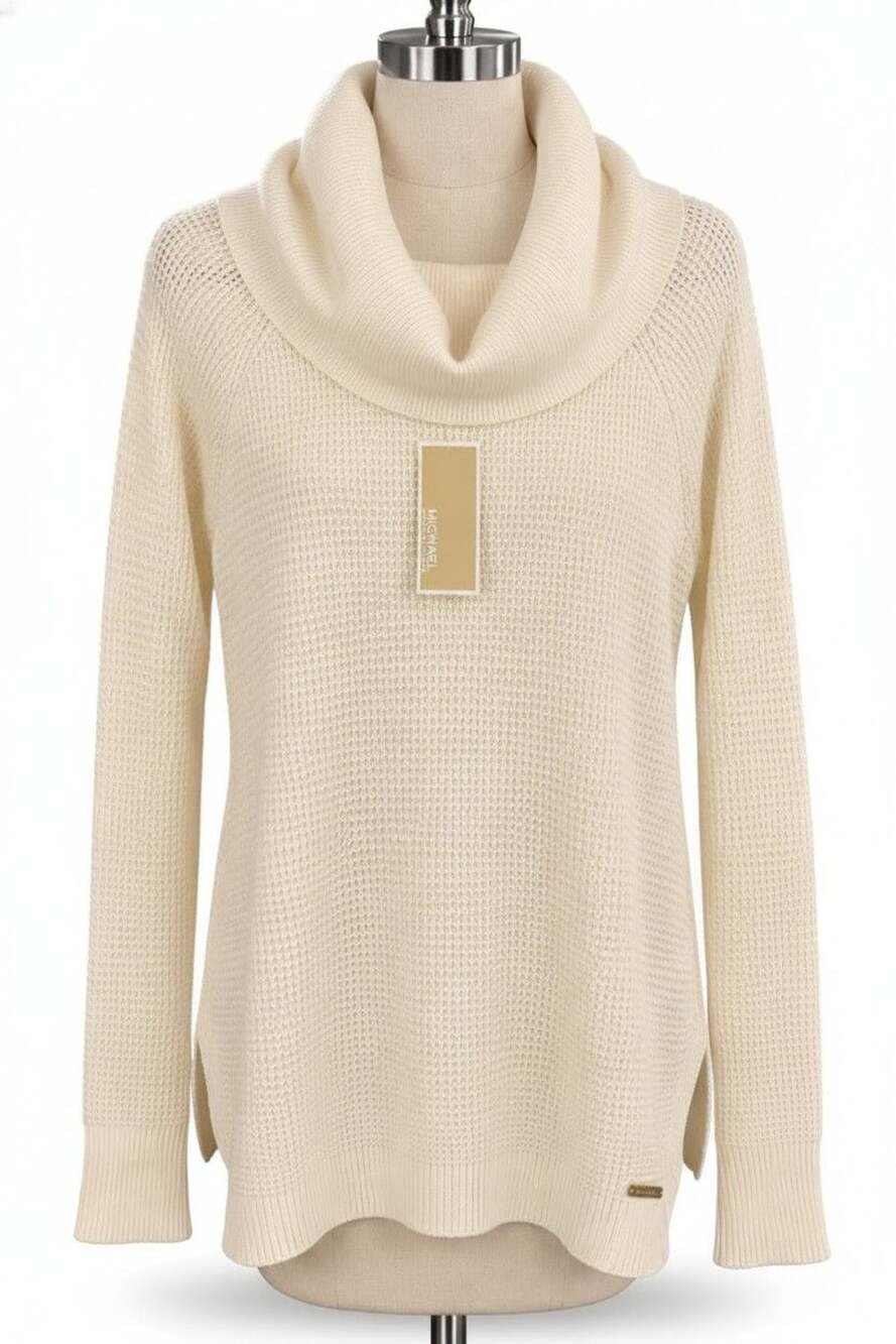 NWT MICHAEL Michael Kors Cream Waffle Knit Cowl Neck Tunic Sweater L